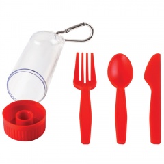 Набор "Pocket":ложка,вилка,нож в футляре с карабином, красный, 4,2х15см,пластик